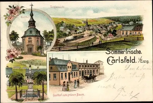 Litho Carlsfeld Eibenstock im Erzgebirge, Kirche, Siegesdenkmal, Gasthof zum grünen Baum