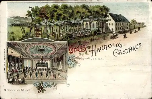 Litho Niederwiesa Sachsen, Haubolds Gasthaus, Garten, Saal