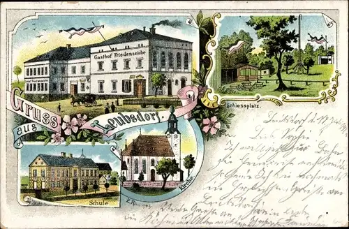 Litho Leubsdorf in Sachsen, Gasthof Friedenseiche, Schule, Kirche, Schießplatz