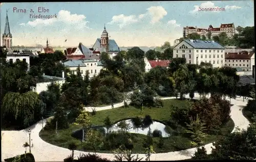 Ak Pirna in Sachsen, Friedenspark, Schloss Sonnenstein, Teich