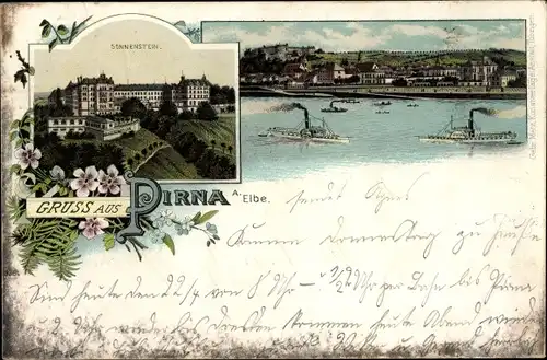 Litho Pirna an der Elbe, Schloss Sonnenstein, Panorama, Dampfer