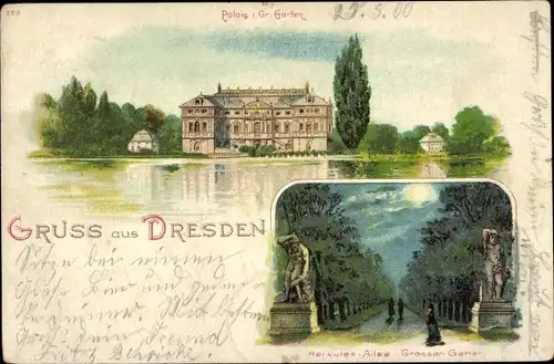 Mondschein Litho Dresden Altstadt, Großer Garten, Palais, Herkules-Allee, Statuen