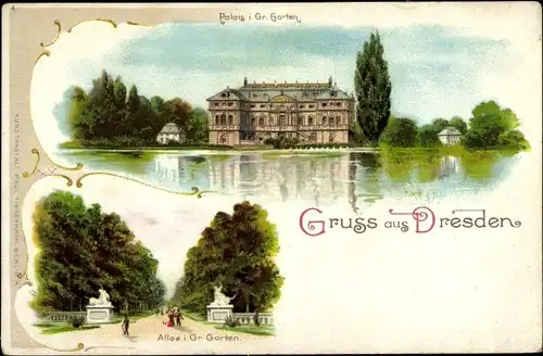 Litho Dresden Zentrum Altstadt, Palais, Gr. Garten, Allee
