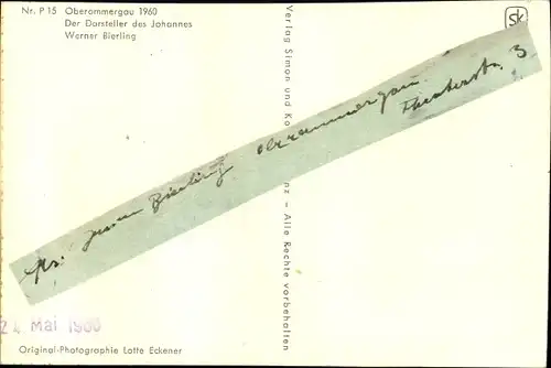 Ak Schauspieler Werner Bierling, Oberammergau 1960, Johannes, Autogramm