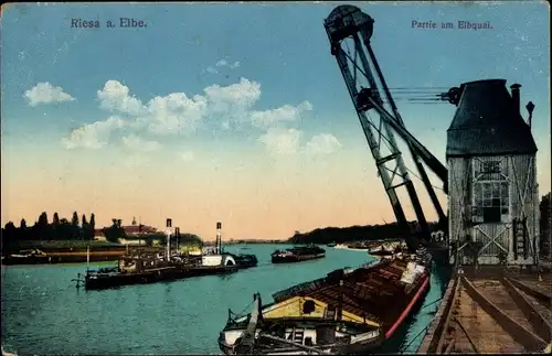 Ak Riesa an der Elbe Sachsen, Elbquai, Kran, Salondampfer