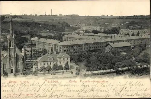 Ak Meißen in Sachsen, Königliche Porzellanmanufaktur, Katholische Kirche, Panorama