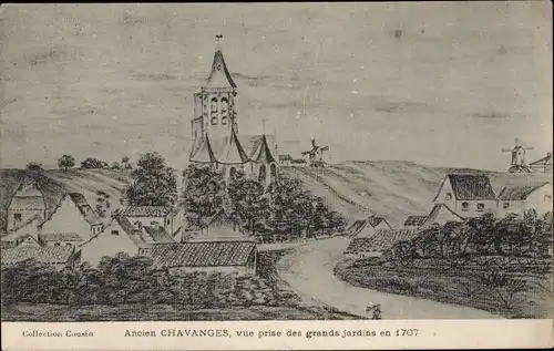 Ak Chavanges Aube, Blick von den großen Gärten im Jahr 1707