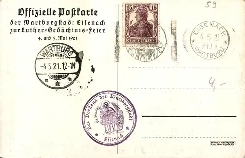 Künstler Ak Eisenach, Luther auf der Wartburg, Luther-Gedächtnis-Feier 1921