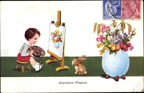 Künstler Ak Wills, John, Frohe Ostern, Osterei als Blumenvase, Mädchen mit Staffelei, Osterhase