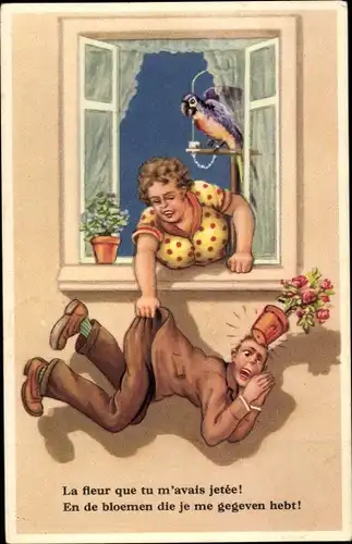 Künstler Ak Wills, John, Frau lässt Mann aus dem Fenster hängen, Blumentopf, Papagei