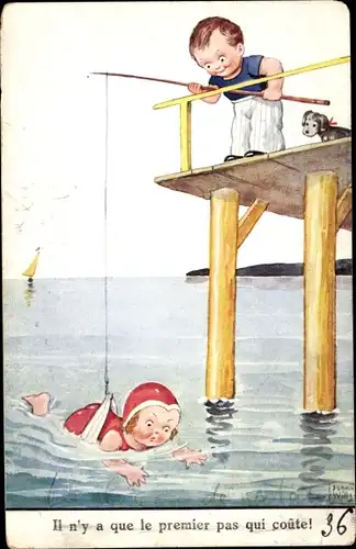 Künstler Ak Wills, John, Mädchen im Badeanzug hängt an einer Angel