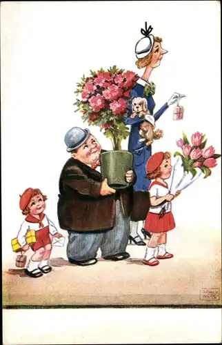 Künstler Ak Wills, John, Familie mit Blumen und Geschenken, dicker kleiner Mann, große dünne Frau