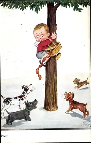 Künstler Ak Wills, John, Junge klettert auf einen Baum, Korb mit Würsten, Hunde