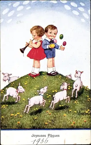 Künstler Ak Wills, John, Frohe Ostern, Mädchen mit Flöte, Lämmer, Junge jongliert Ostereier