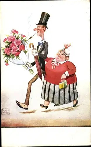 Künstler Ak Wills, John, großer dünner Mann, kleine dicke Frau, Blumenstrauß