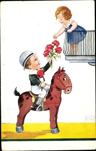 Künstler Ak Wills, John, Mädchen auf einem Balkon, Reiter, Blumen