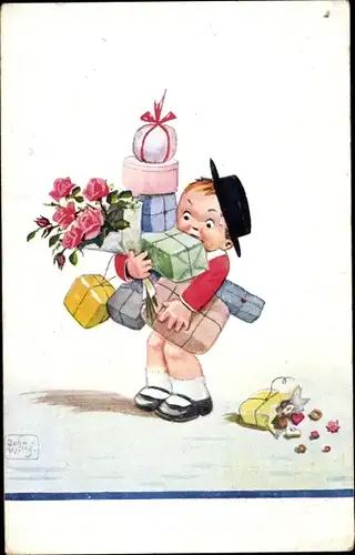 Künstler Ak Wills, John, Junge mit vielen Geschenken, Blumen