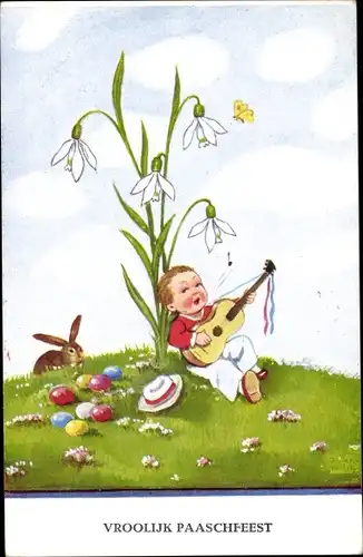 Künstler Ak Wills, John, Frohe Ostern, Junge mit Gitarre, Schneeglöckchen, Ostereier, Osterhase