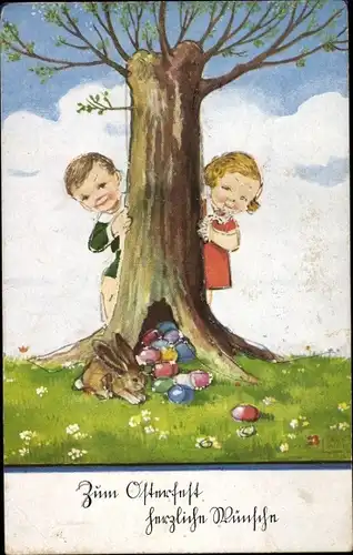 Künstler Ak Wills, John, Frohe Ostern, Junge und Mädchen, Osterhase, Ostereier