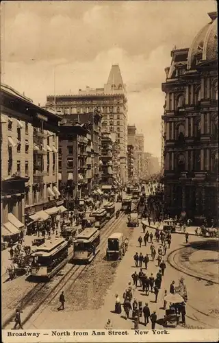 Ak New York City USA, Broadway, North from Ann Street, Straßenbahn, Kutsche