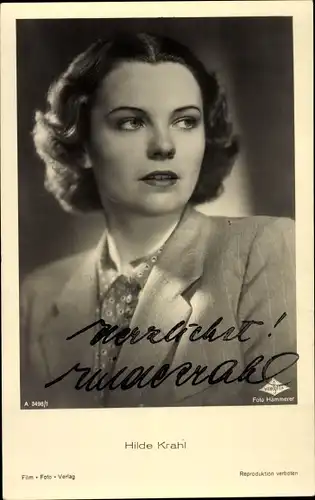 Ak Schauspielerin Hilde Krahl, Portrait, Film Foto Verlag A 3498/1, Autogramm