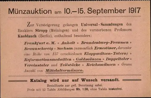 Ak Berlin Mitte, Münzenhandlung Robert Ball Nachf., Wilhelmstraße 46/47, Münzauktion