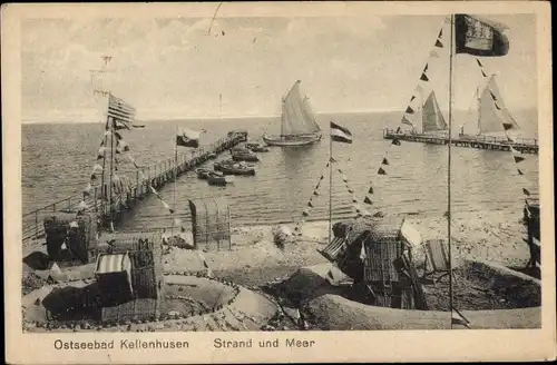 Ak Ostseebad Kellenhusen in Holstein, Strand, Seebrücke, Segelboote