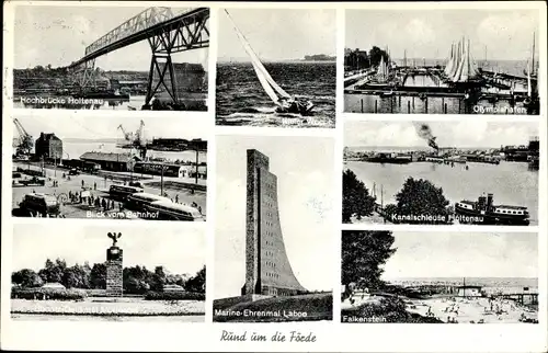 Ak Kiel, Hochbrücke Holtenau, Uboots Denkmal Möltenort, Olympiahafen, Marine Ehrenmal Laboe