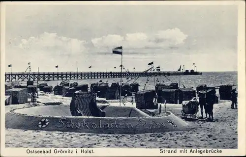 Ak Ostseebad Grömitz in Holstein, Strand, Anlegebrücke