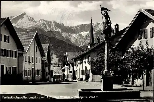 Ak Garmisch Partenkirchen in Oberbayern, Floriansplatz, Alpspitze, Zugspitze