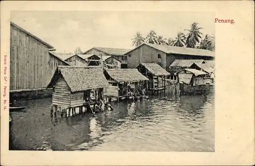 Ak Penang Malaysia, Ortsansicht, Wohnhäuser auf Wasser