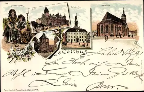 Litho Cottbus in der Niederlausitz, Oberkirche, Rathaus, Post, Spreewälderinnen in Tracht