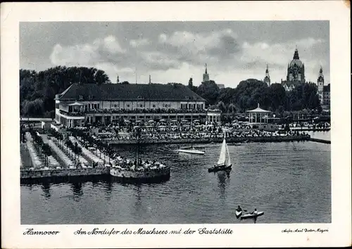 Ak Hannover in Niedersachsen, Am Nordufer des Maschsees m. d. Gaststätte, Segelboot