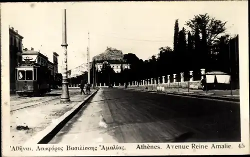 Ak Athen Griechenland, Avenue Königin Amalie, Straßenbahn
