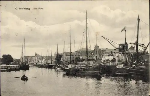 Ak Oldenburg im Großherzogtum Oldenburg, Am Stau, Hafen, Schiffe