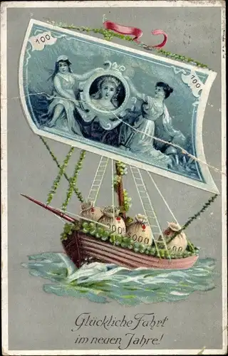 Ak Fröhliches Neujahr, Segelboot, Geldschein als Segel, Geldsäcke, Kleeblätter