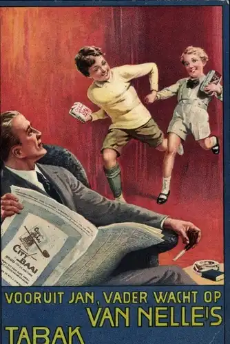 Künstler Ak Van Nelle's Tabak, City Baai, Reklame, Kinder, Vater mit Zeitung