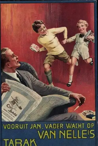 Künstler Ak Van Nelle's Tabak, City Baai, Reklame, Kinder, Vater mit Zeitung