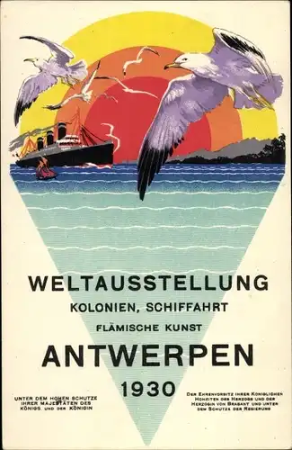 Ak Antwerpen Anvers Flandern, Weltausstellung Kolonien, Schiffahrt, Flämische Kunst 1930