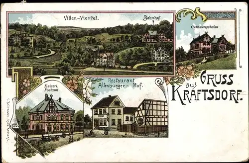 Litho Kraftsdorf in Thüringen, Restaurant, Altenburger Hof, Genesungsheim, Villenviertel, Postamt