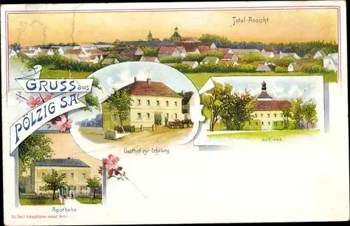Litho Pölzig in Thüringen, Gasthof zur Erholung, Apotheke, Schloss, Totale