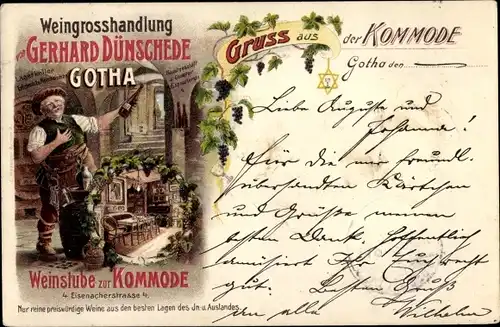 Litho Gotha, Weingrosshandlung G. Dünschede, Weinstube zur Kommode, Eisenacherstraße 4