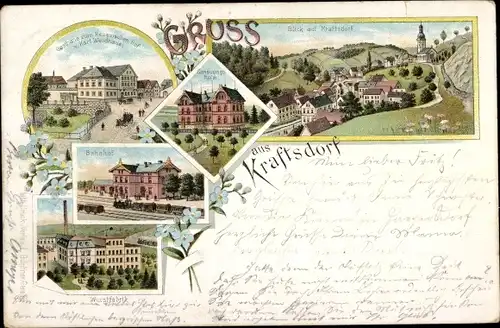 Litho Kraftsdorf Thüringen, Gasthaus zum Reussischen Hof, Inh. Karl Weidhase, Genesungsheim, Bahnhof