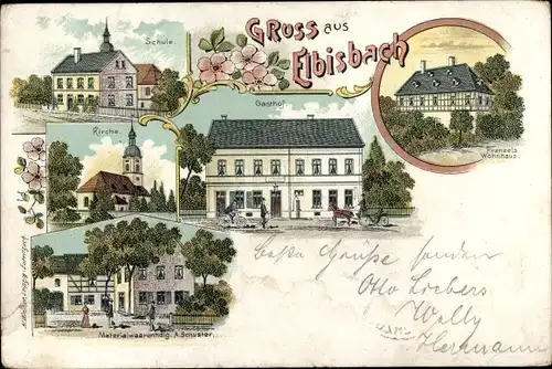 Litho Elbisbach Frohburg in Sachsen, Frenzels Wohnhaus, Materialwarenhandlung Schuster, Gasthof