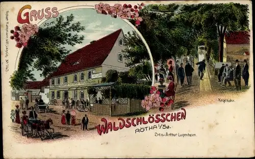 Litho Rötha in Sachsen, Gasthaus Waldschlösschen, Kegelbahn