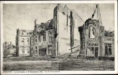 Künstler Ak Nieuport Bains Nieuwpoort Westflandern, La rue Longue, le 15 Septembre 1916, Ruinen