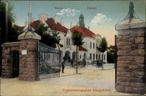 Ak Königsbrück in Sachsen, Wache, Postamt, Eingang zum Truppenübungsplatz