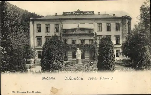 Ak Bad Schandau an der Elbe, Badhotel, Statue