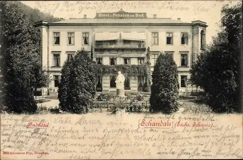 Ak Bad Schandau an der Elbe, Badhotel, Statue