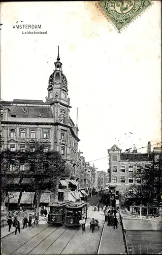 Ak Amsterdam Nordholland Niederlande, Leidschestraat, Straßenbahnen